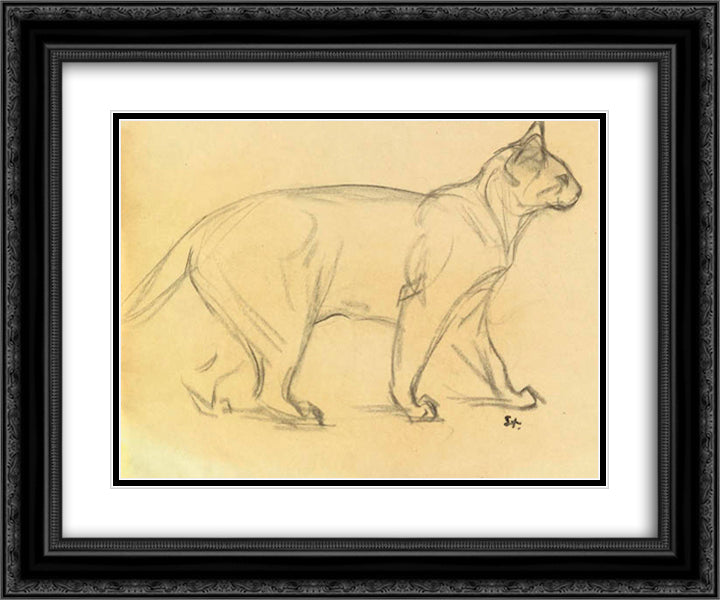Study of a cat walking 24x20 Black Ornate Wood Framed Art Print Poster with Double Matting by Steinlen, Theophile