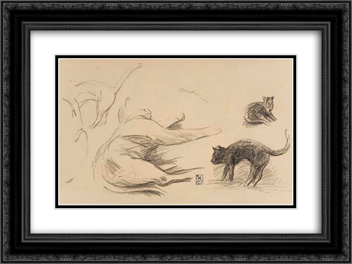 Study of cats 24x18 Black Ornate Wood Framed Art Print Poster with Double Matting by Steinlen, Theophile