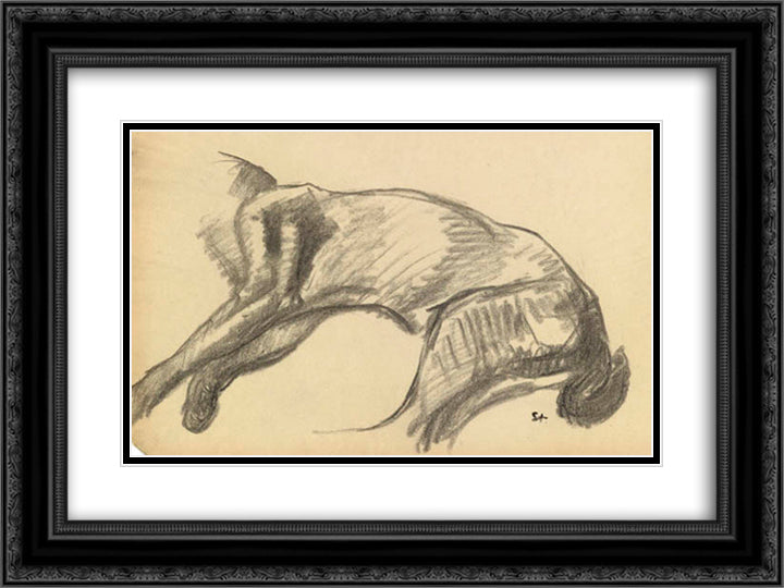 Study of the body of a cat stretching out 24x18 Black Ornate Wood Framed Art Print Poster with Double Matting by Steinlen, Theophile