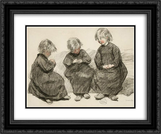 Three Seated Girls 24x20 Black Ornate Wood Framed Art Print Poster with Double Matting by Steinlen, Theophile