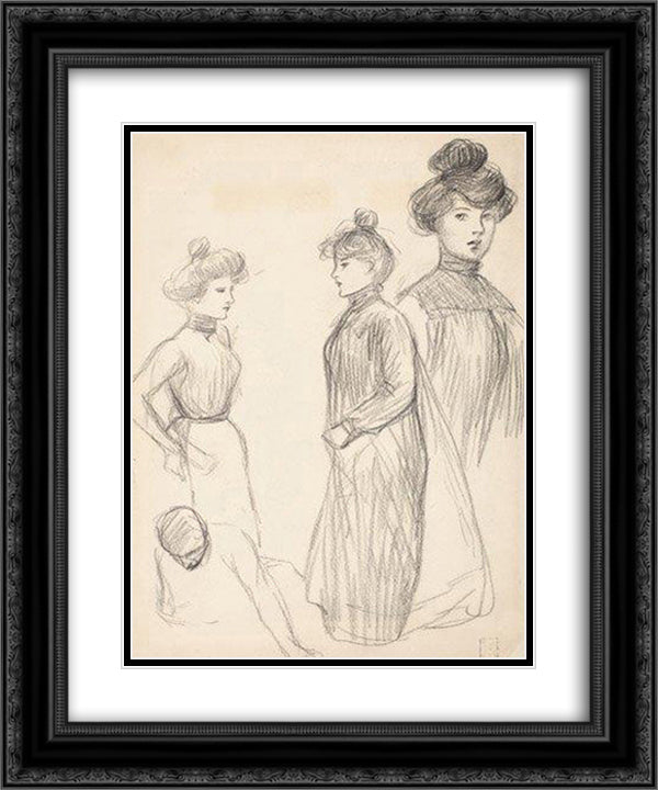 Trois Etudes de Femmes 20x24 Black Ornate Wood Framed Art Print Poster with Double Matting by Steinlen, Theophile