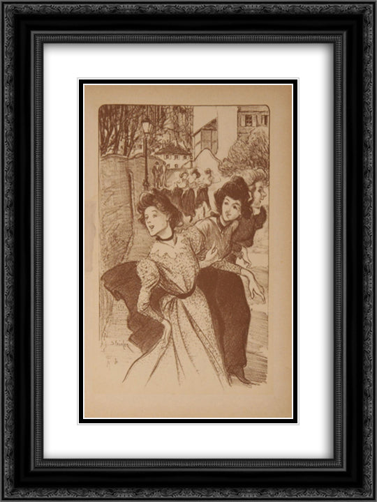 Trois Midinettes 18x24 Black Ornate Wood Framed Art Print Poster with Double Matting by Steinlen, Theophile