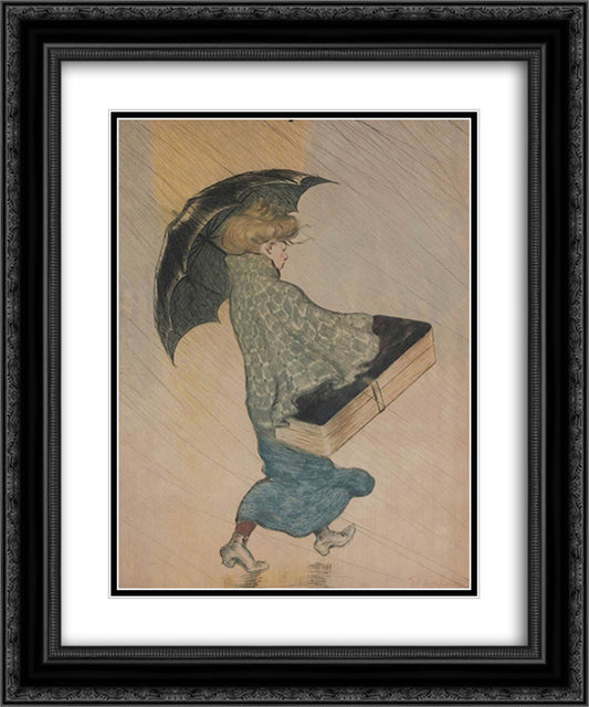 Trottin Sous La Pluie 20x24 Black Ornate Wood Framed Art Print Poster with Double Matting by Steinlen, Theophile