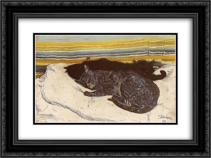 Two cats 24x18 Black Ornate Wood Framed Art Print Poster with Double Matting by Steinlen, Theophile