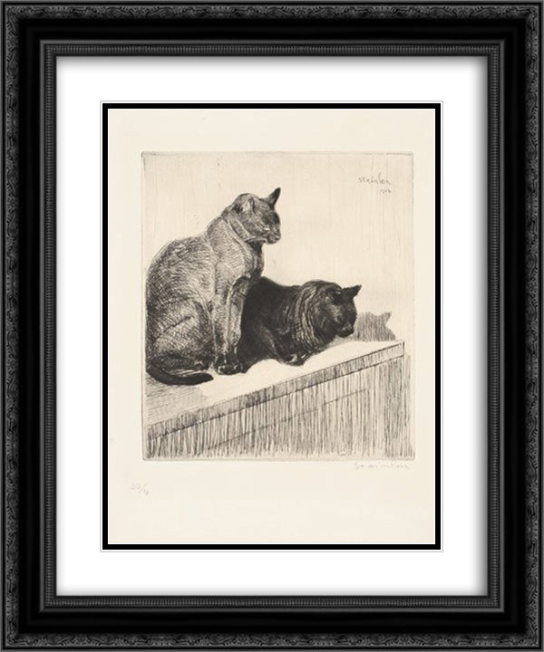 Two sitting cats 20x24 Black Ornate Wood Framed Art Print Poster with Double Matting by Steinlen, Theophile