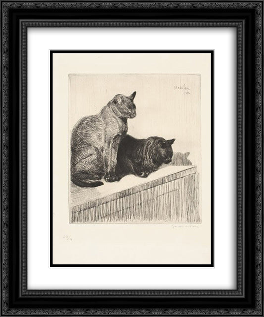 Two sitting cats 20x24 Black Ornate Wood Framed Art Print Poster with Double Matting by Steinlen, Theophile
