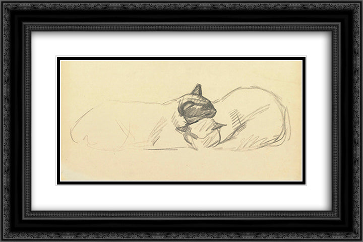 Two sleeping cats 24x16 Black Ornate Wood Framed Art Print Poster with Double Matting by Steinlen, Theophile