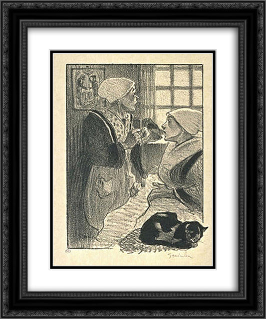 Two women and cat 20x24 Black Ornate Wood Framed Art Print Poster with Double Matting by Steinlen, Theophile