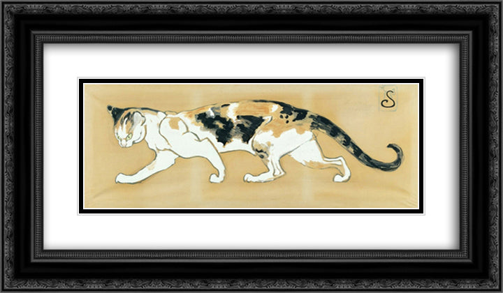 Walking cat 24x14 Black Ornate Wood Framed Art Print Poster with Double Matting by Steinlen, Theophile