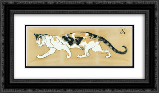 Walking cat 24x14 Black Ornate Wood Framed Art Print Poster with Double Matting by Steinlen, Theophile