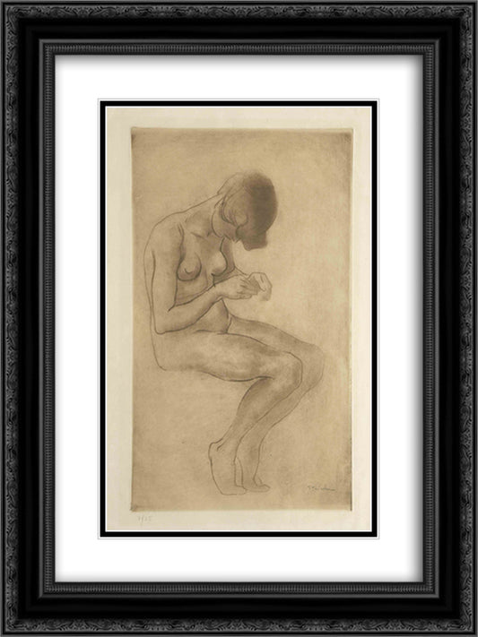 Woman doing nails 18x24 Black Ornate Wood Framed Art Print Poster with Double Matting by Steinlen, Theophile