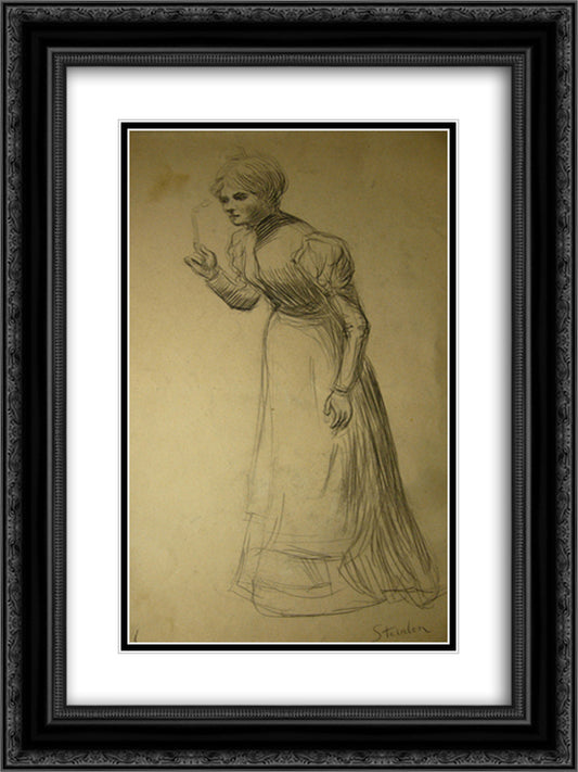 Woman holding lorgnon 18x24 Black Ornate Wood Framed Art Print Poster with Double Matting by Steinlen, Theophile