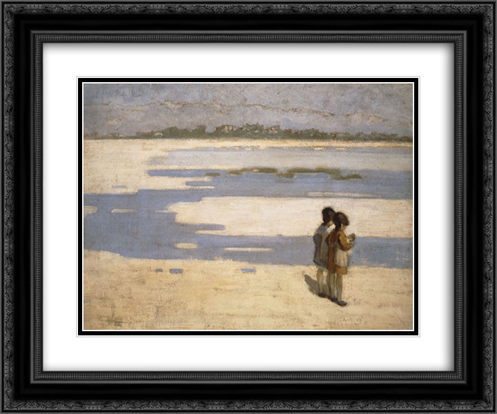 Two Children on the Beach 24x20 Black Ornate Wood Framed Art Print Poster with Double Matting by Triantafyllidis, Theophrastos