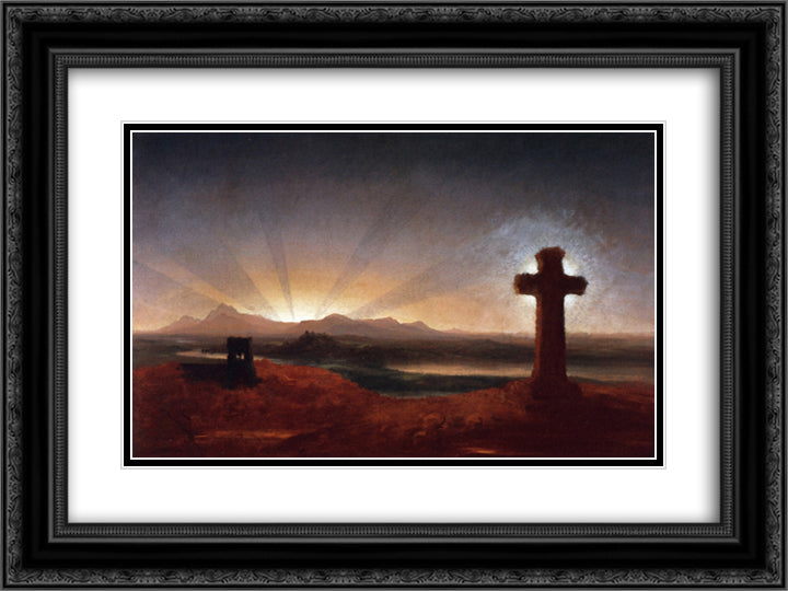 Cross at Sunset 24x18 Black Ornate Wood Framed Art Print Poster with Double Matting by Cole, Thomas