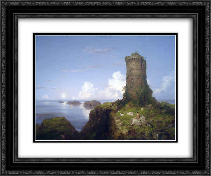 Italian Coast Scene with Ruined Tower 24x20 Black Ornate Wood Framed Art Print Poster with Double Matting by Cole, Thomas