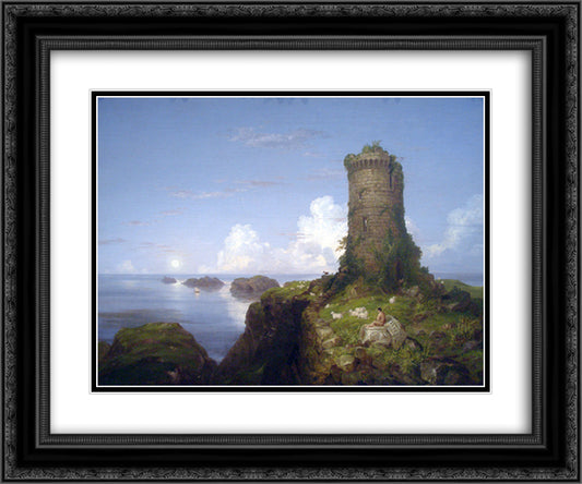 Italian Coast Scene with Ruined Tower 24x20 Black Ornate Wood Framed Art Print Poster with Double Matting by Cole, Thomas