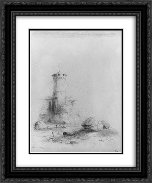 Landscape with Tower (from McGuire Scrapbook) 20x24 Black Ornate Wood Framed Art Print Poster with Double Matting by Cole, Thomas