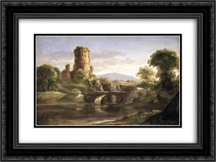 Ruined Castle and River 24x18 Black Ornate Wood Framed Art Print Poster with Double Matting by Cole, Thomas