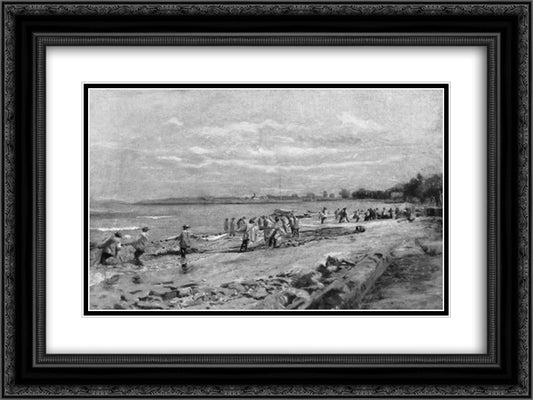 Hauling the Seine 24x18 Black Ornate Wood Framed Art Print Poster with Double Matting by Eakins, Thomas