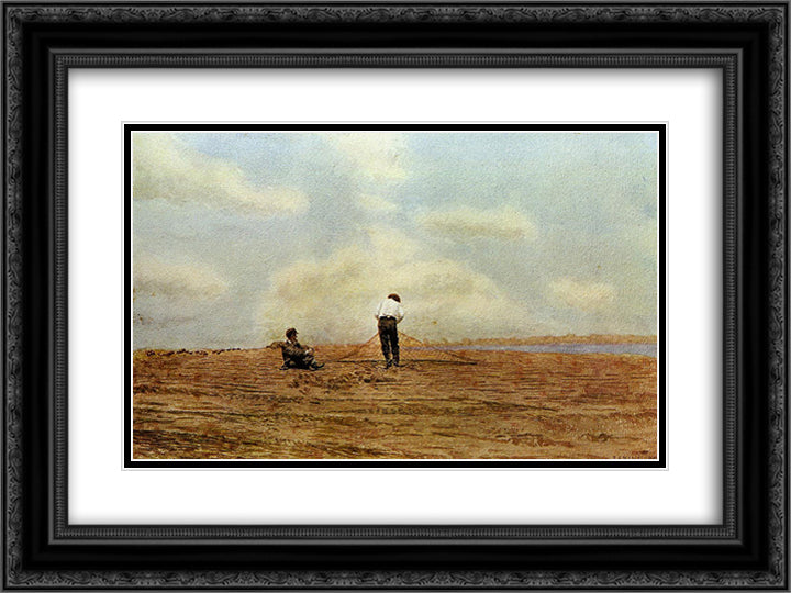 Mending the Net 24x18 Black Ornate Wood Framed Art Print Poster with Double Matting by Eakins, Thomas