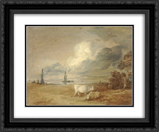 Coastal scene with shipping, figures and cows 24x20 Black Ornate Wood Framed Art Print Poster with Double Matting by Gainsborough, Thomas