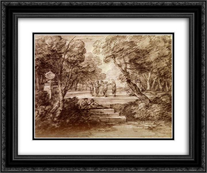Dancers With Musicians In A Woodland Glade 24x20 Black Ornate Wood Framed Art Print Poster with Double Matting by Gainsborough, Thomas