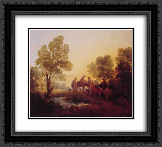 Evening Landscape Peasants and Mounted Figures 22x20 Black Ornate Wood Framed Art Print Poster with Double Matting by Gainsborough, Thomas
