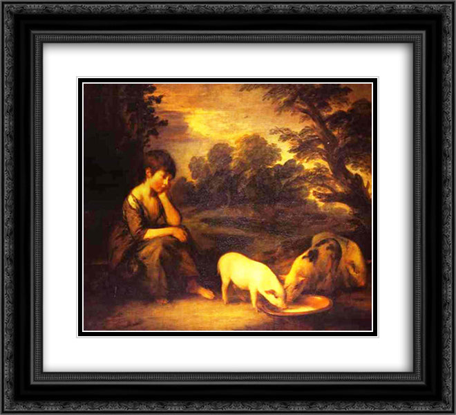 Girl with Pigs 22x20 Black Ornate Wood Framed Art Print Poster with Double Matting by Gainsborough, Thomas