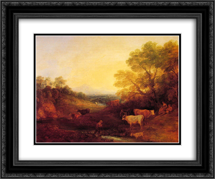 Landscape with Cattle 24x20 Black Ornate Wood Framed Art Print Poster with Double Matting by Gainsborough, Thomas