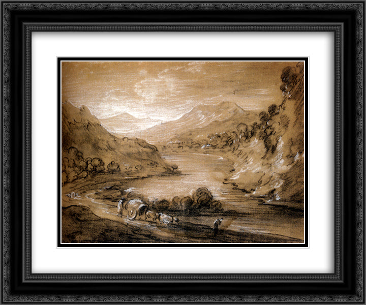 Mountainous Landscape With Cart And Figures 24x20 Black Ornate Wood Framed Art Print Poster with Double Matting by Gainsborough, Thomas