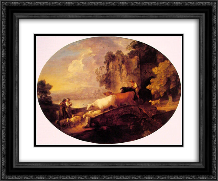 River Landscape with Rustic Lovers 24x20 Black Ornate Wood Framed Art Print Poster with Double Matting by Gainsborough, Thomas