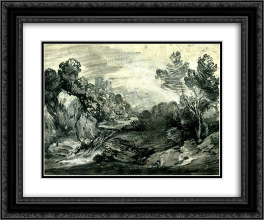 Rocky wooded landscape with waterfall, castle and mountain, 24x20 Black Ornate Wood Framed Art Print Poster with Double Matting by Gainsborough, Thomas