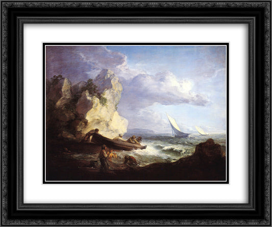 Seashore with Fishermen 24x20 Black Ornate Wood Framed Art Print Poster with Double Matting by Gainsborough, Thomas
