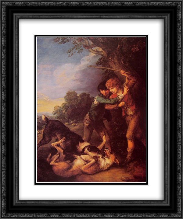 Two Shepherd Boys with Dogs Fighting 20x24 Black Ornate Wood Framed Art Print Poster with Double Matting by Gainsborough, Thomas