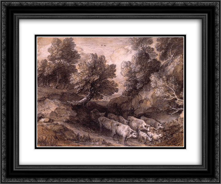 Wooded Landscape with Cattle and Goats 24x20 Black Ornate Wood Framed Art Print Poster with Double Matting by Gainsborough, Thomas