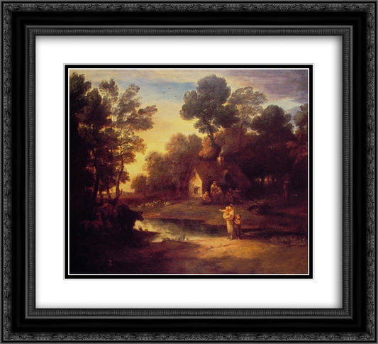 Wooded Landscape with Cattle by a Pool and a Cottage at Evening 22x20 Black Ornate Wood Framed Art Print Poster with Double Matting by Gainsborough, Thomas