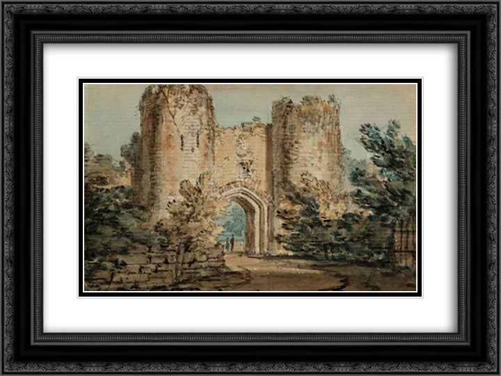 A Gateway with Two Round Towers 24x18 Black Ornate Wood Framed Art Print Poster with Double Matting by Girtin, Thomas