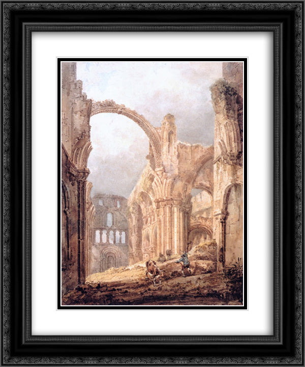 Interior of Lindisfarne Priory 20x24 Black Ornate Wood Framed Art Print Poster with Double Matting by Girtin, Thomas