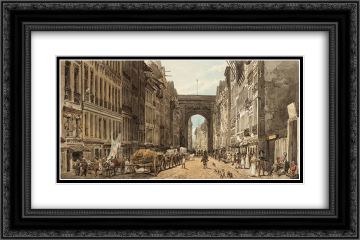 La Rue St Denis 24x16 Black Ornate Wood Framed Art Print Poster with Double Matting by Girtin, Thomas