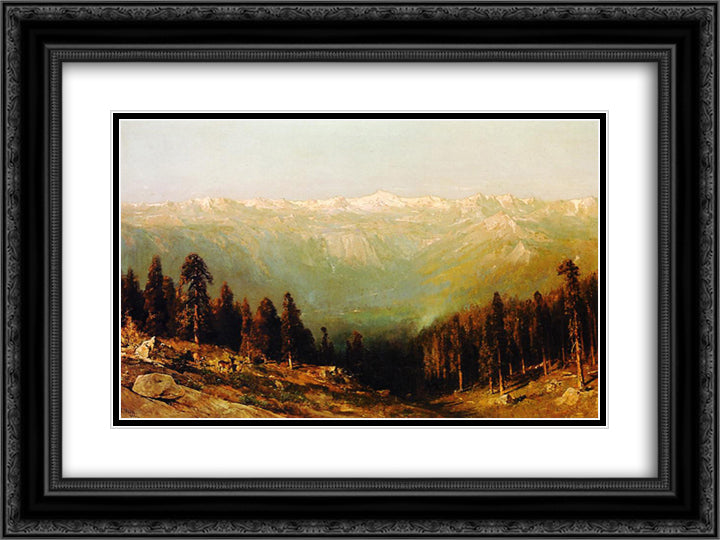 A View of the Hetch Hetchy Valley with Deer in the Foreground and Mount Conness in the Distance 24x18 Black Ornate Wood Framed Art Print Poster with Double Matting by Hill, Thomas
