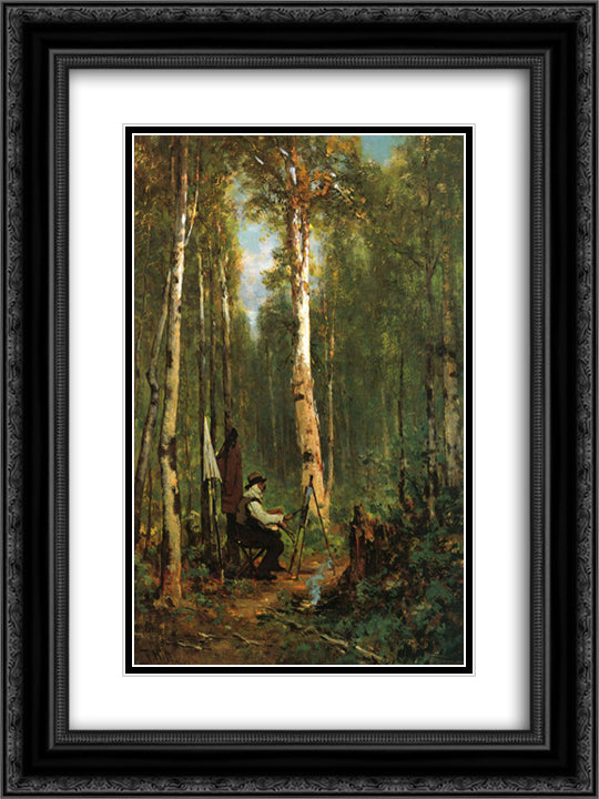 Artist at His Easel in the Woods 18x24 Black Ornate Wood Framed Art Print Poster with Double Matting by Hill, Thomas