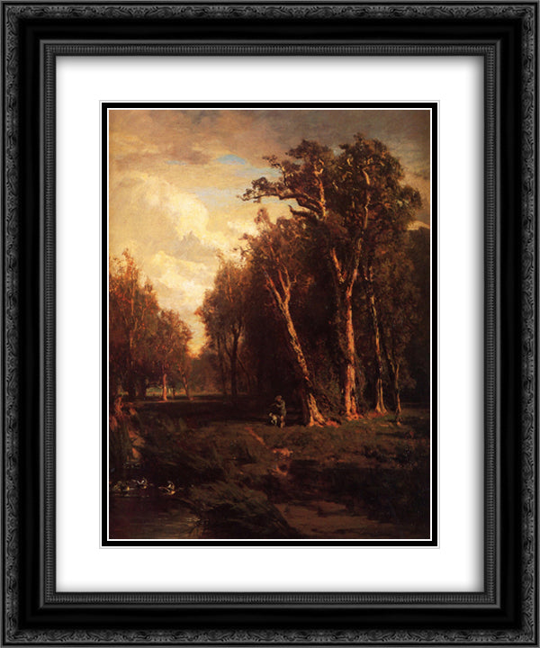 Hunter with Dog Jumping a Flock 20x24 Black Ornate Wood Framed Art Print Poster with Double Matting by Hill, Thomas