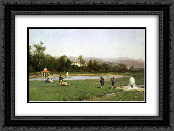 Irrigating at Strawberry Farm 24x18 Black Ornate Wood Framed Art Print Poster with Double Matting by Hill, Thomas