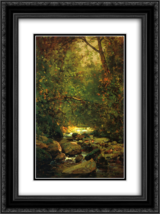 Stream in Forest Winter 18x24 Black Ornate Wood Framed Art Print Poster with Double Matting by Hill, Thomas