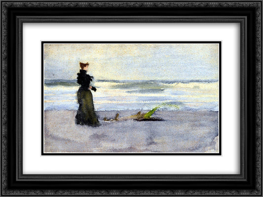 Edwardian woman on the Beach 24x18 Black Ornate Wood Framed Art Print Poster with Double Matting by Anshutz, Thomas Pollock