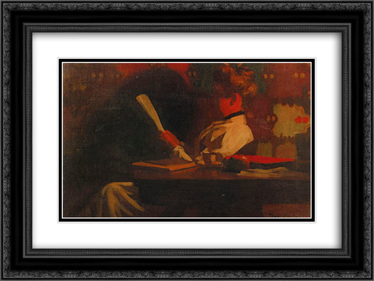 Woman in an interior, reading 24x18 Black Ornate Wood Framed Art Print Poster with Double Matting by Anshutz, Thomas Pollock