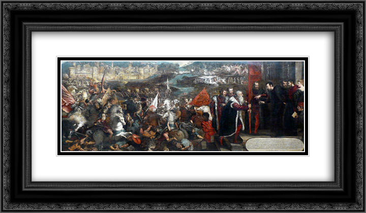 Battle of Asola 24x14 Black Ornate Wood Framed Art Print Poster with Double Matting by Tintoretto