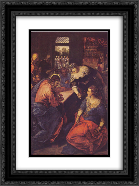 Christ with Mary and Martha 18x24 Black Ornate Wood Framed Art Print Poster with Double Matting by Tintoretto