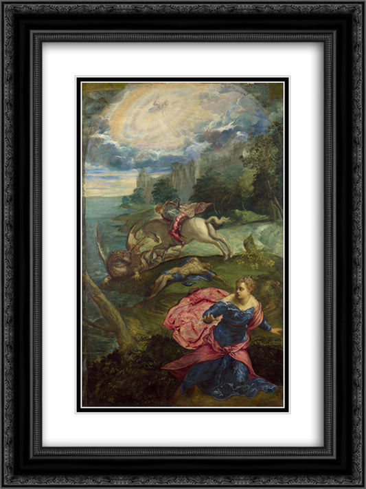 Saint George and the Dragon 18x24 Black Ornate Wood Framed Art Print Poster with Double Matting by Tintoretto