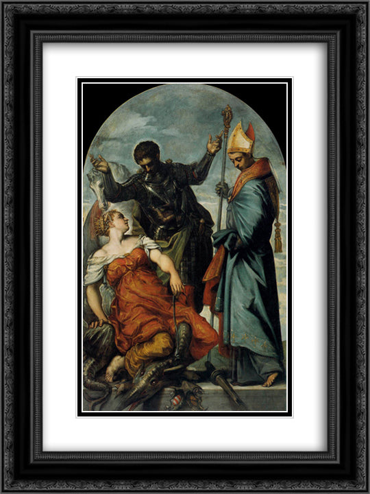 St Louis, St George, and the Princess 18x24 Black Ornate Wood Framed Art Print Poster with Double Matting by Tintoretto